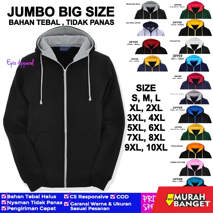 Outer pria  ukuran besar- Jaket Hoodie Jumbo Pria Wanita Laki Perempuan Zipper Polos Bahan Tebal Siz
