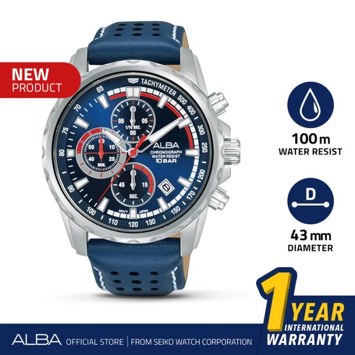Jam Tangan Pria Alba AM3937 Kulit Asli Biru Chronograph