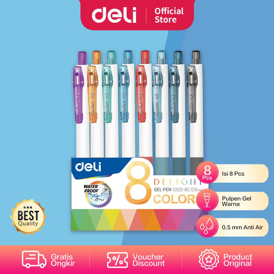 

Deli Color Gel Pen / Pulpen Gel Warna Isi 8pcs 0.5mm Anti Air G120-8C