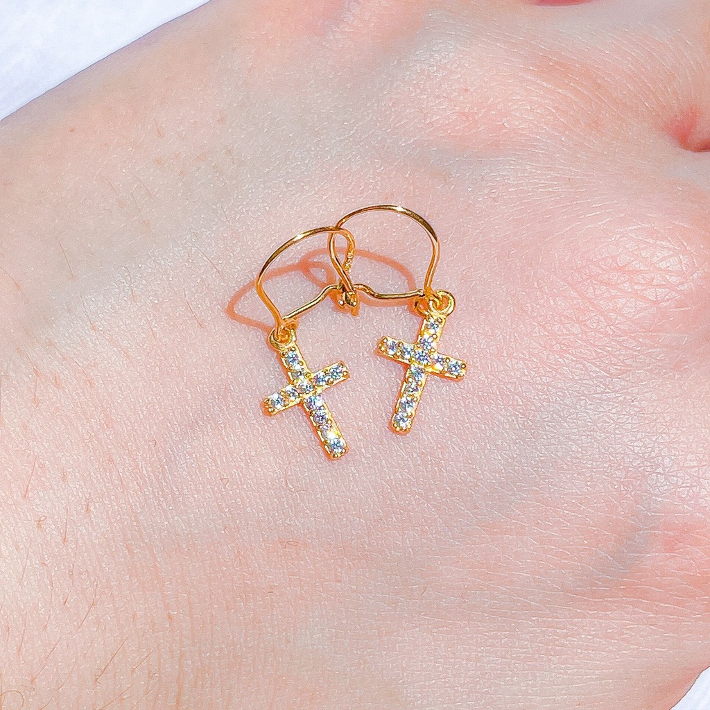 Anting salib anak dan dewasa emas asli kadar 700 70 16k cross desi permata gantung drop giwang kerab