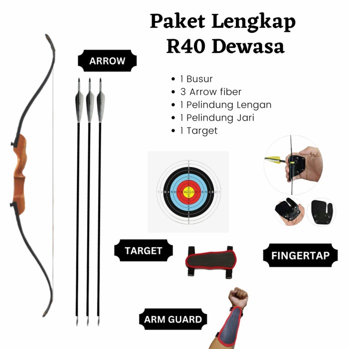 Paket Lengkap Busur Panah Panahan R40 Dewasa Arrow Fiber