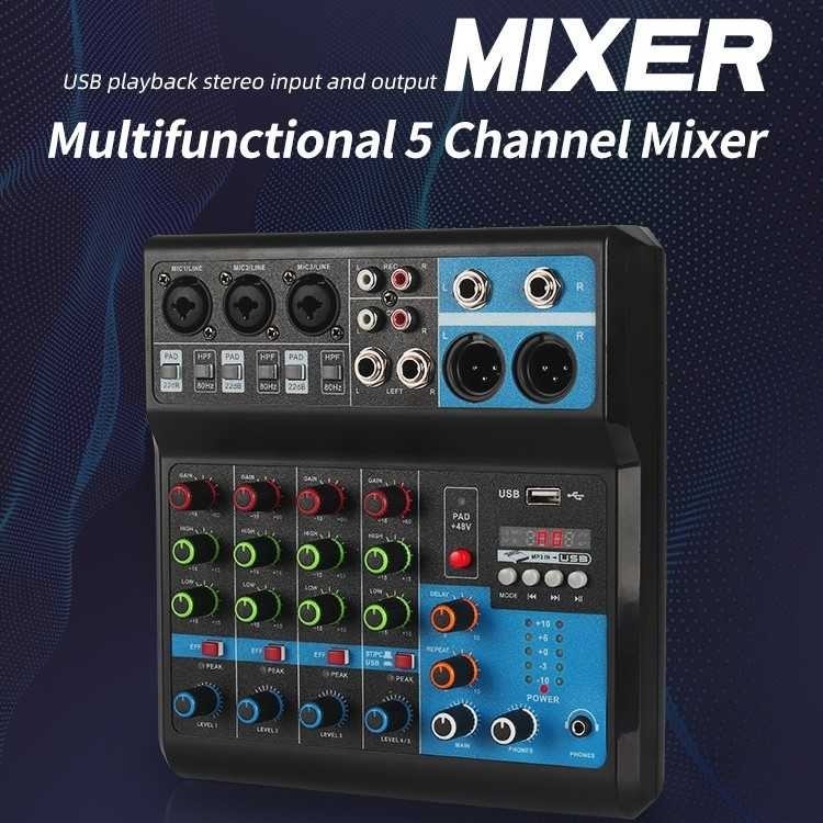 Mixer Audio Professional Bluetooth Monitor Path USB 5 Channel