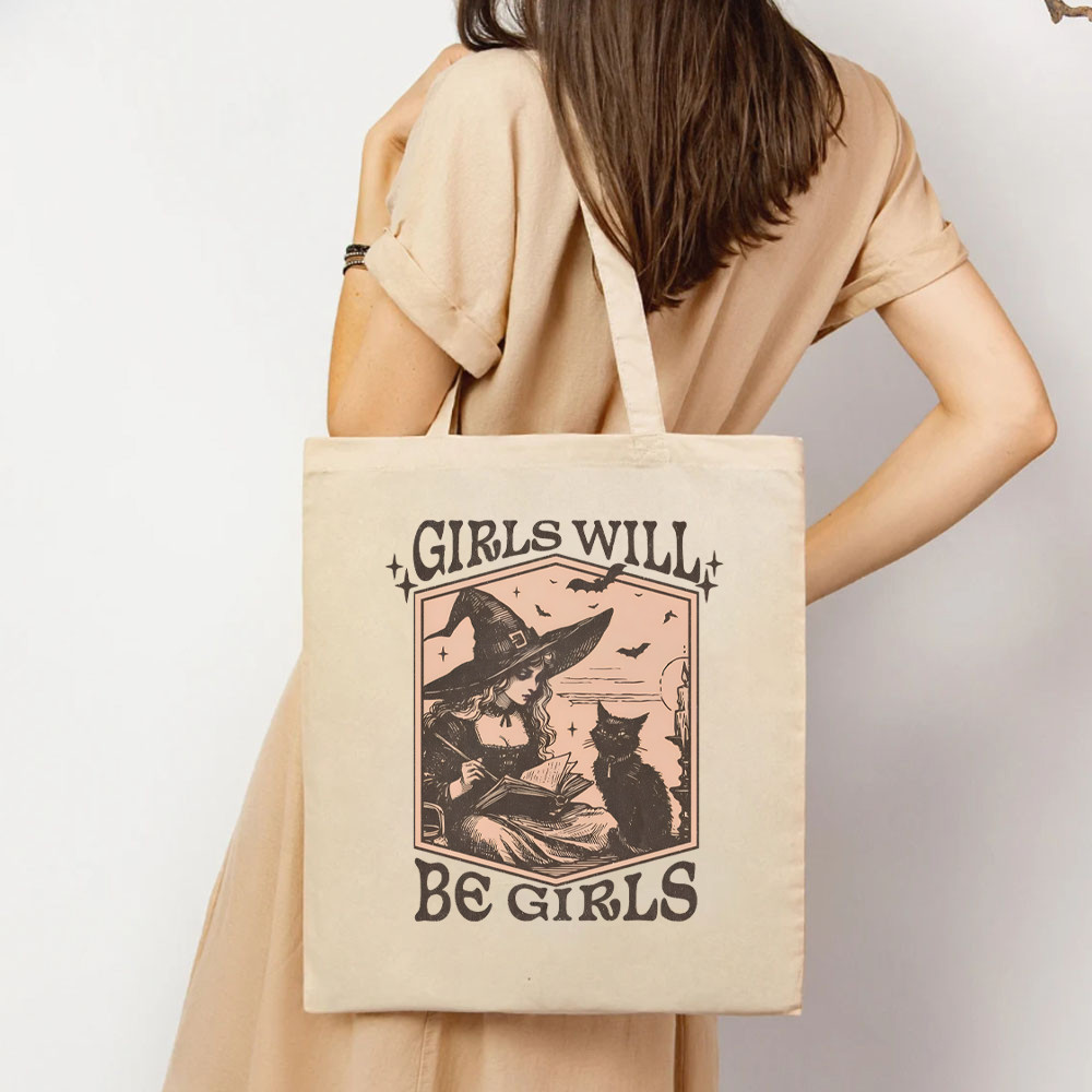 Vintage Girls Will Be Girls Tote Bag Witch Women Handbag Halloween Women Bag Witchy Vibes Women's Ha