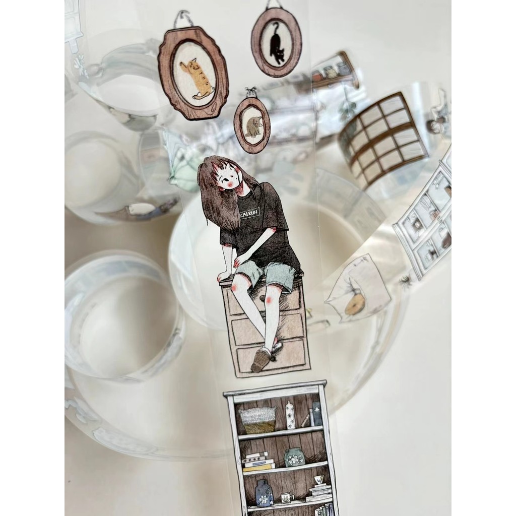 

Vintage House Window Corner Girl Washi PET Tape for Card Making Decoration DIY Scrapbooking Plan Stickers