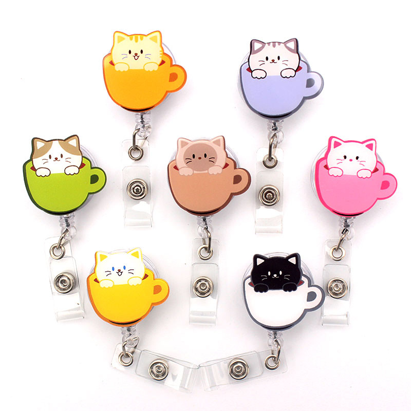 

Cute The Cat In Cup Style Retractable Card Holder Badge Reel Nurse Exhibition Enfermera Girl And Boy Name Card