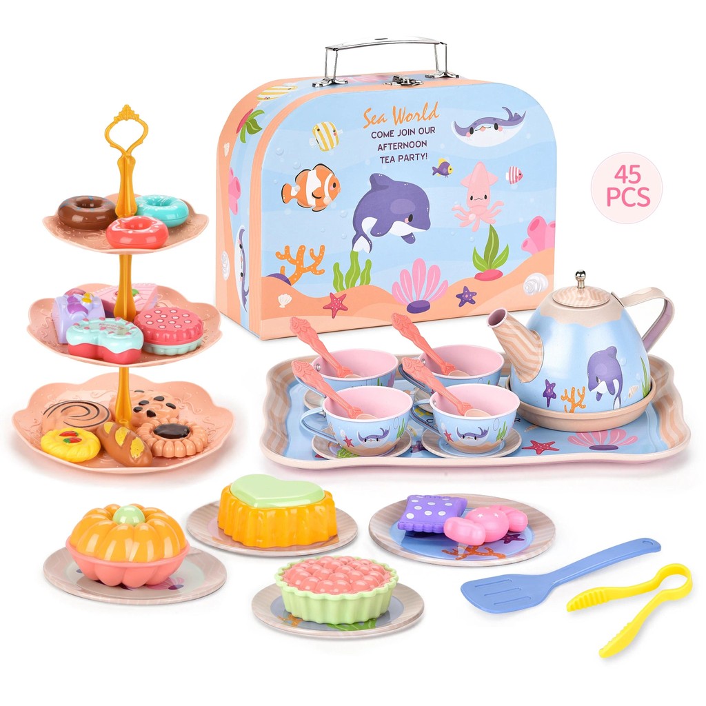Children's Play Home Toys Afternoon Tea Dessert Cake Toys Ocean Printing Series Tea Set Toys Simulat