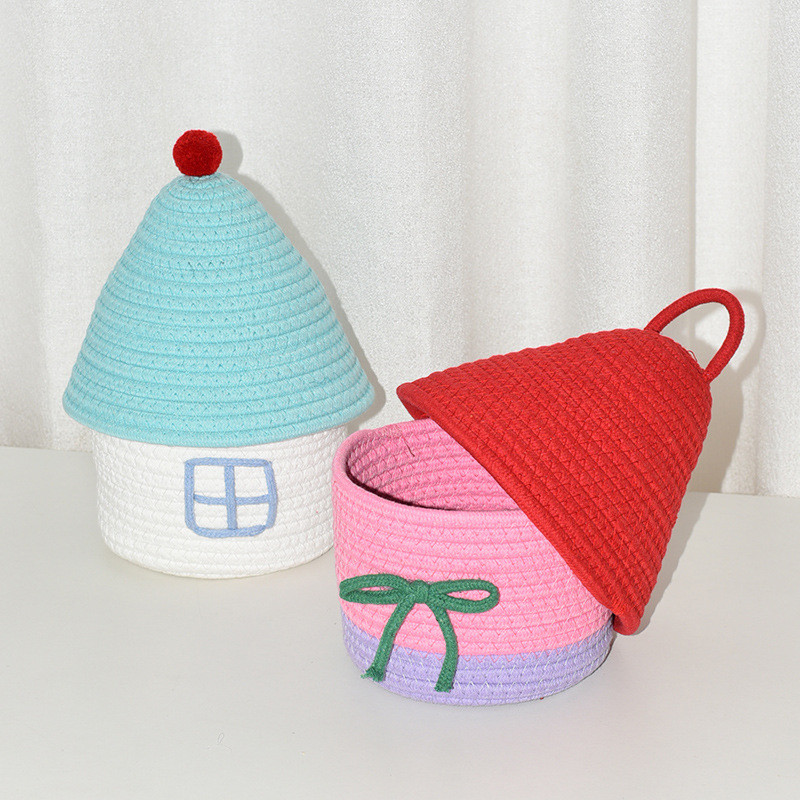

1PC Cartoon Cute Storage Basket House Shape Cotton Rope Woven Storage Basket With Lid Desktop Household Organization