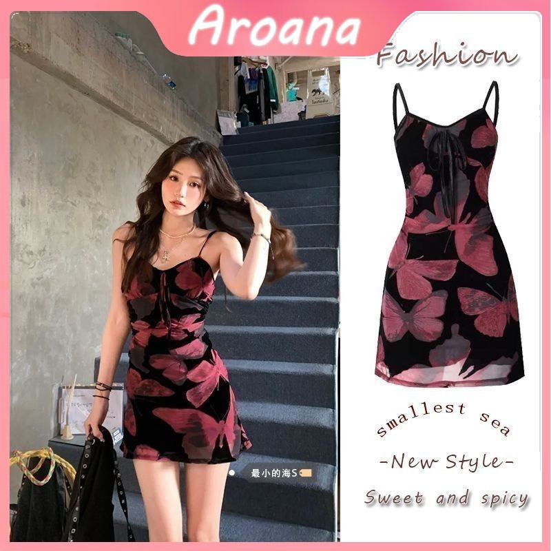 Siap~seksi dress wanita cetak kupu-kupu gaya pinggang tali tipis rok suspender pinggul rok pendek