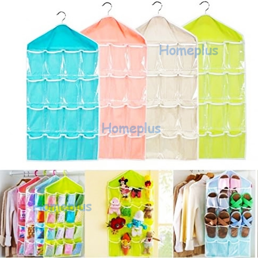 HomePlus Gantungan Organizer 16 Kantong Multi-Grid Lemari Pakaian Kaus Kaki Klasifikasi Tas 16 Kantong Hanger Organizer Sebaguna Pouch Korean