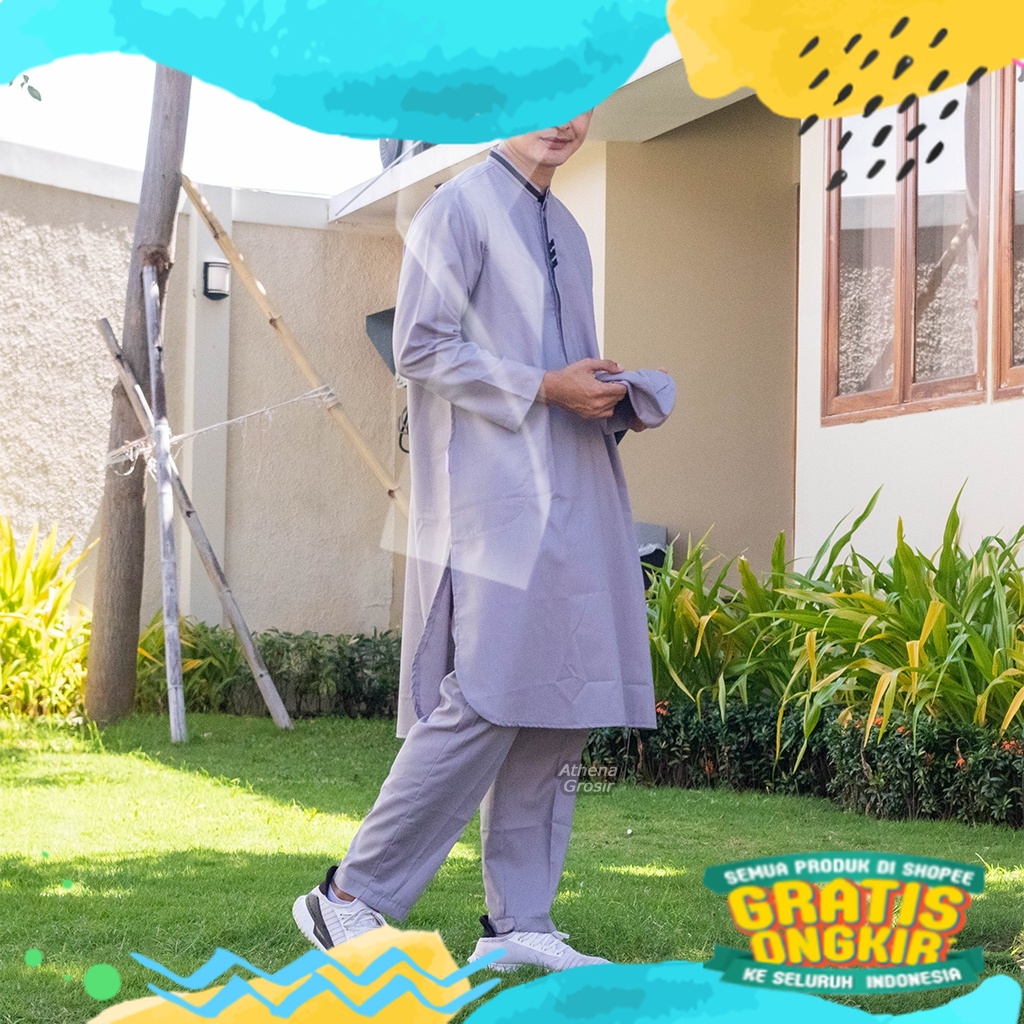 Setelan Koko Baju Pria Muslim Kurta Turki Remaja Dewasa Lengan Panjang PASHA/ biru telur asin