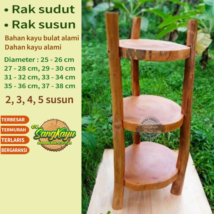 Rak sudut kayu bulat rak susun kayu 3 tingkat 35-37cm rak serbaguna 8