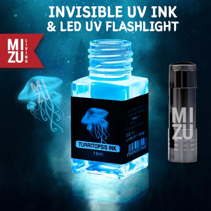 

Best Seller- MIZU TURRITOPSIS UV Invisible Fountain Pen Ink + UV Light Tinta+Senter - INK+1LED LIGHT