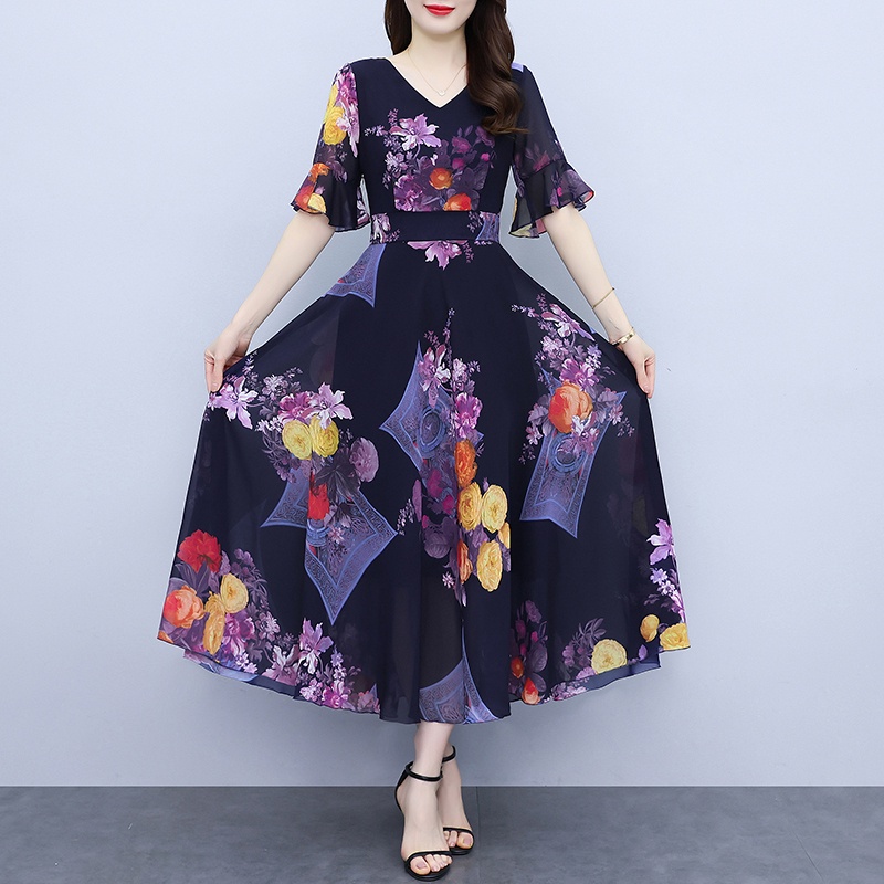 2327-Dress korean style midi batik dress dress chiffon jumbo floral dress lilac batik