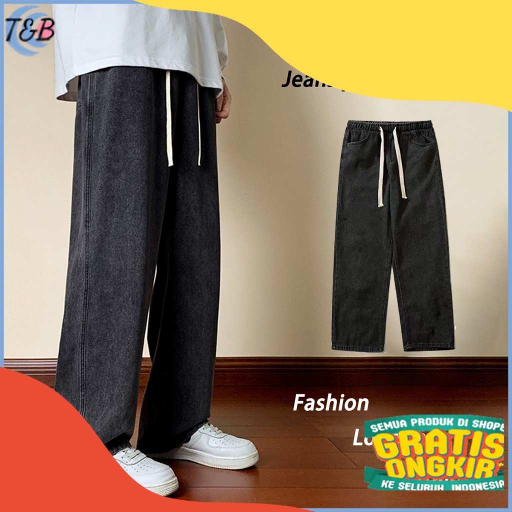 Celana jeans pria Jeans pinggang karet korean style loose pants kulot pria celana panjang cowok Abu-