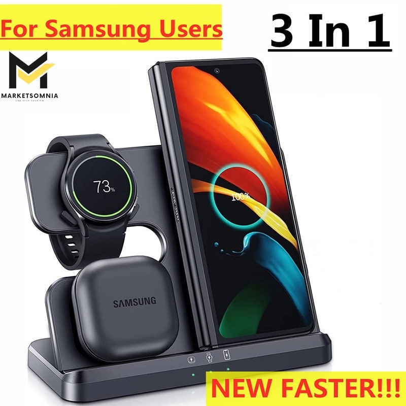 FAST WIRELESS Charging 3 in 1 Charger ELAVO SAMSUNG Galaxy Watch 5 4 3 2 Classic S22 S23 Ultra S21 S20 S10 earbuds iPhone Airpods 2 3 Pro Hp Jam Tangan Earphone Dock Station