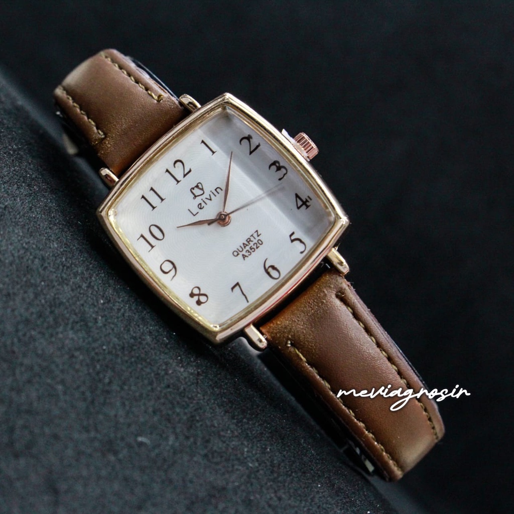 Jam Tangan Wanita Analog LEIVIN Fashion Watch Original LV-A3520 Tali Kulit Kaca Prisma 3D Model Kore