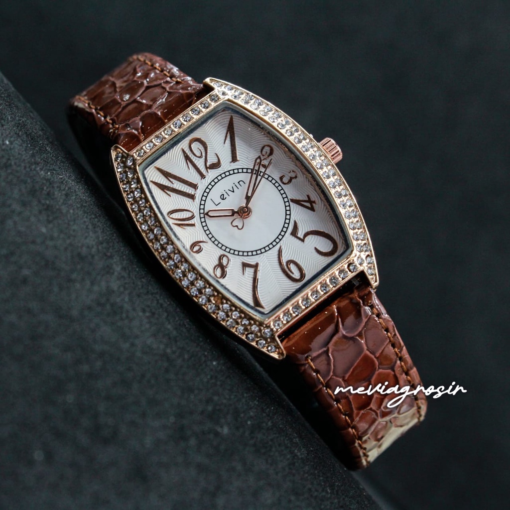 Jam Tangan Wanita Analog LEIVIN Fashion Watch Original LV-3525 Tali Kulit Ring Permata Model Korean 