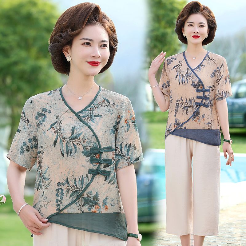 Musim panas ibu bagian tipis blus lengan pendek celana panjang kaki lebar celana panjang dua potong 