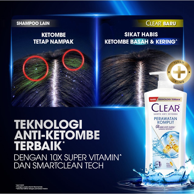 CLEAR Shampoo Anti Ketombe Perawatan Komplit, 48 Jam Melindungi dari Gatal dan Lawan Minyak dengan 10x Super Vitamin - 850mL Triplepack