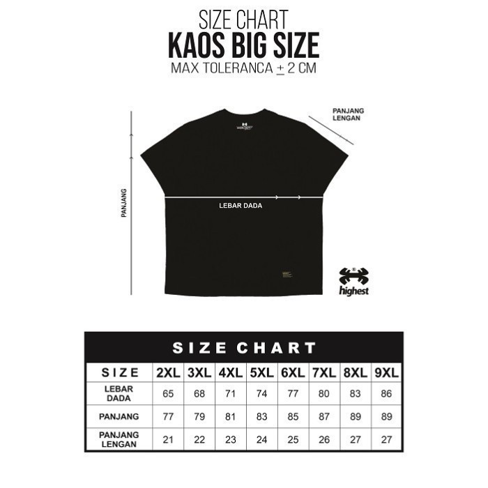 HIGHEST Kaos Lengan Pendek Pria Wanita Ukuran Big Size Jumbo Bahan Katun 30s Warna Hitam Sablon Plascharge 2XL 3XL 4XL 5XL 6XL 7XL 8X Highestworld HG311