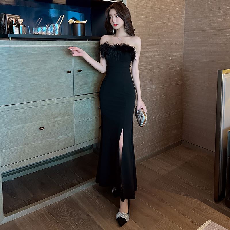 Night Inn Feather Bra High Back Show Thin Banquet Evening Dress French Sexy Dress Split Fishtail Lon