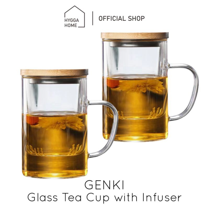 

COD Hygga Home GENKI Gelas Saringan Teh Rempah Kopi Tutup Bambu Glass Tea Cup Infuser Filter