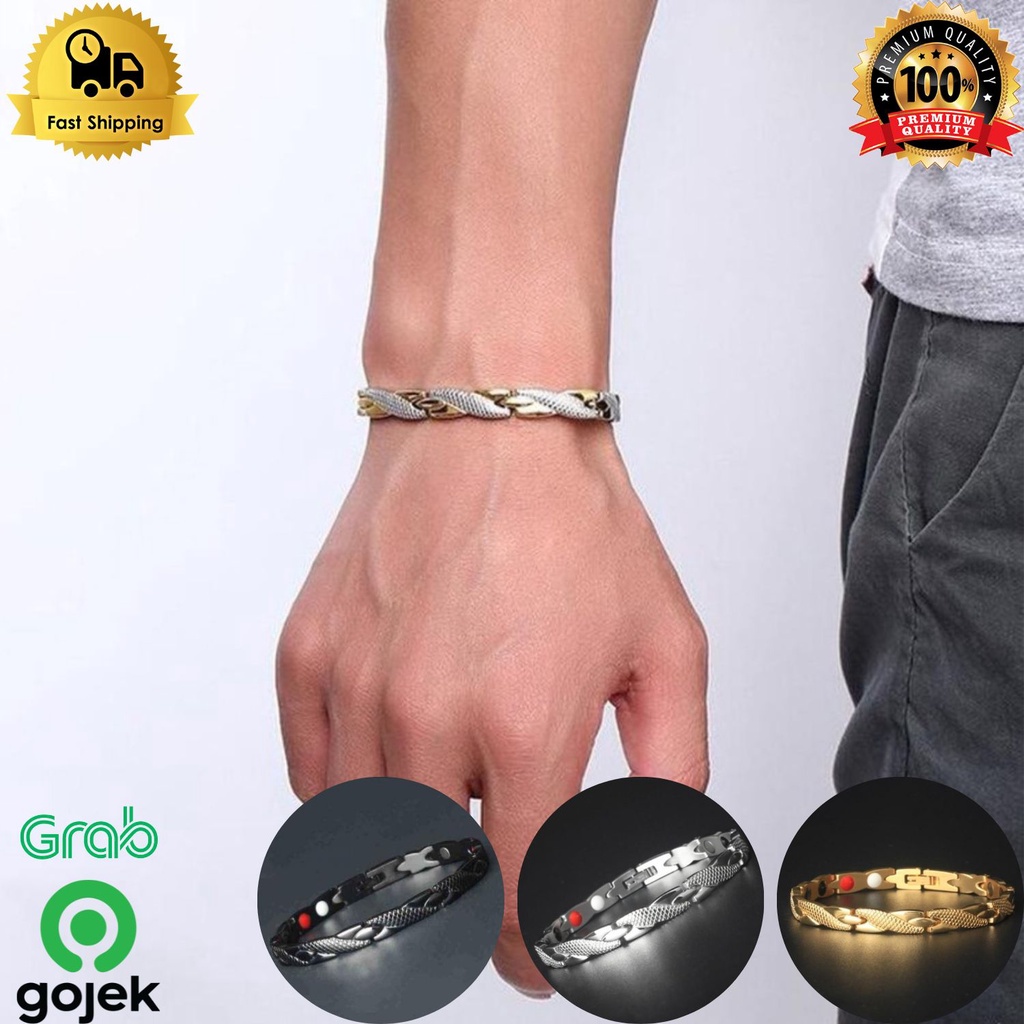 Gelang bio magnet titanium terapi kesehatan hitam silver bracelet , gelang magnet / gelang terapi / 