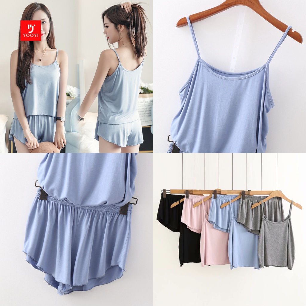 Baju Tidur Set Wanita Sexy Camisole dengan Celana Pendek Piyama Wanita Kamisol Setelan Korea Style J