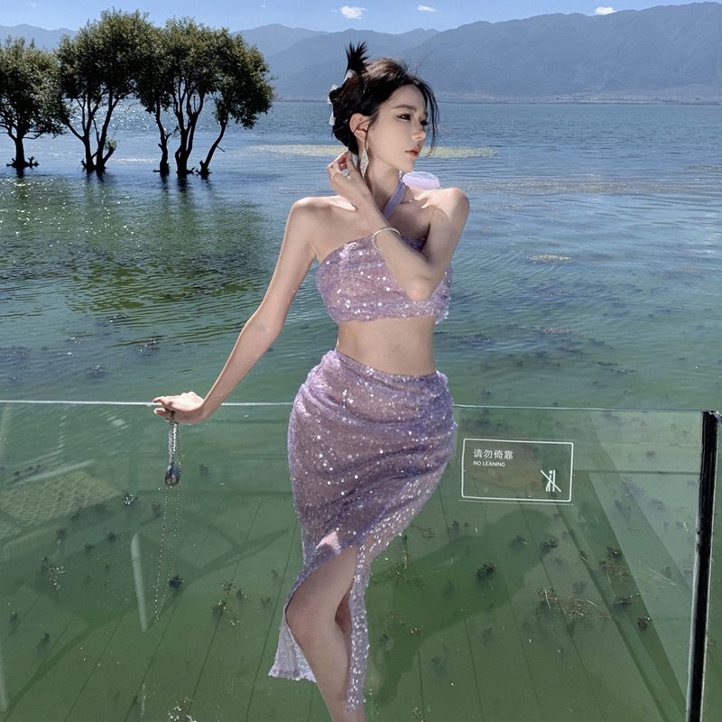 Sanya Photography Exquisite Purple Sequin Bra, Split Half Skirt, Fish Bone Set, Slim Women, Private 