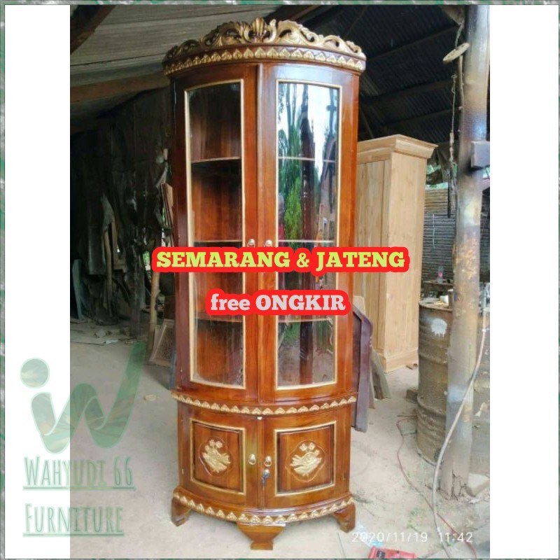 lemari sudut || lemari pojok hias kayu jati