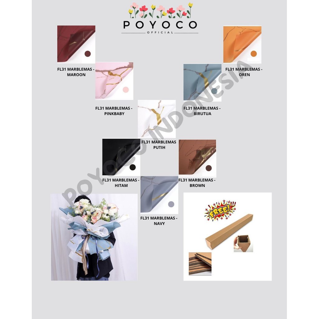 

POYOCO - (5 LEMBAR) - FL31 MARBLEMAS Kertas Bunga Paper Buket Motif Marble Emas Florist Kado Cellophane
