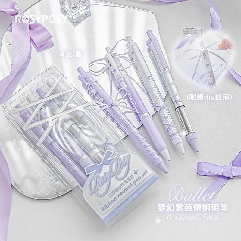

4pcs/box Sweet Ballet Series Gel Pen for Girl Chic Korean Pink Blue Color Bow Ribbon Stationery Gel Pen Cute Pen for Writing