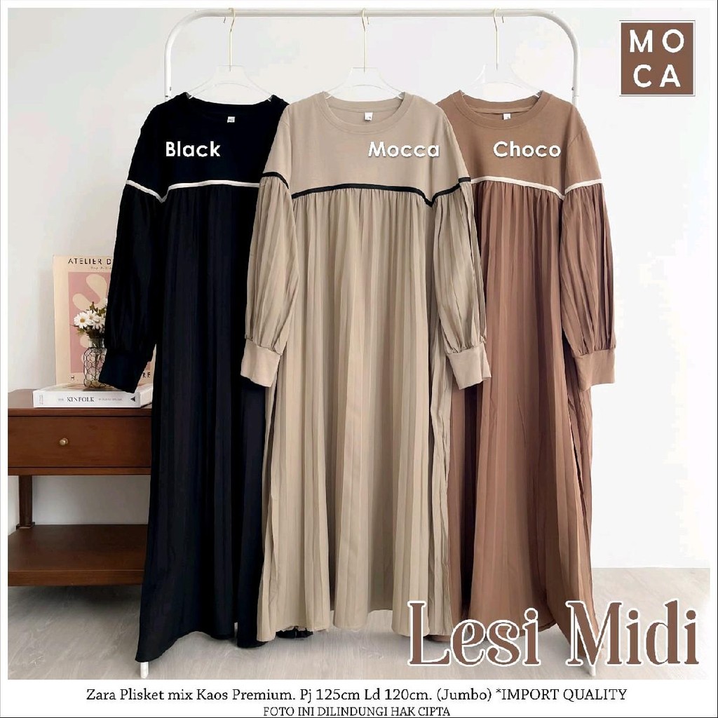 LESI DRESS MIDI FASHION CASUAL WANITA BAHAN ZARA PLISKET MIX KAOS PREMIUM ORI BY MOCA