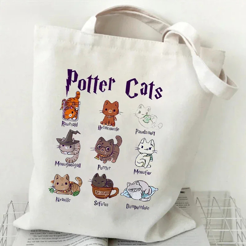 Canvas Tote Bag for Women Potter Cats Handbag Harajuku Animal Shopper Bags Cartoon Cat  Aesthetic To