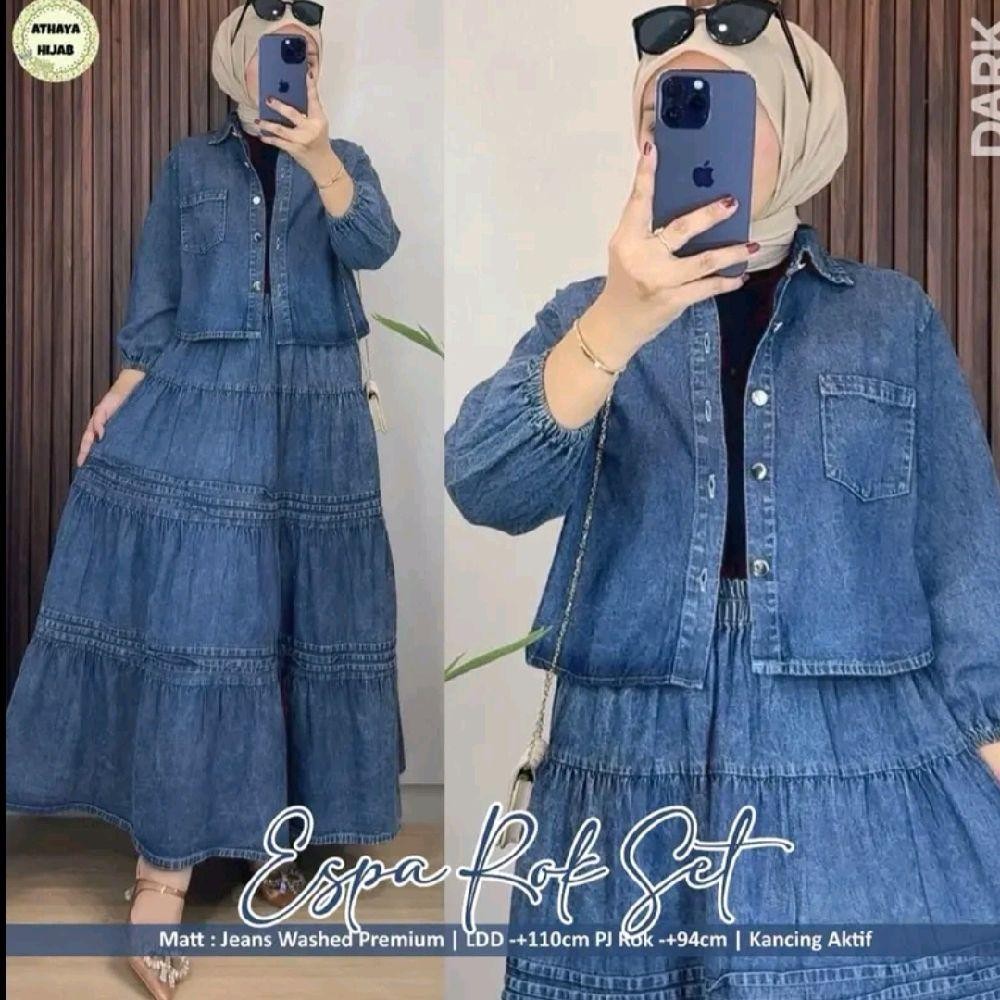Ready Stok Siap Kirim • Espa Set Rok • Setelan Atasan Dan Rok • Setelan Jeans Wash • Atasan Ld 110 D
