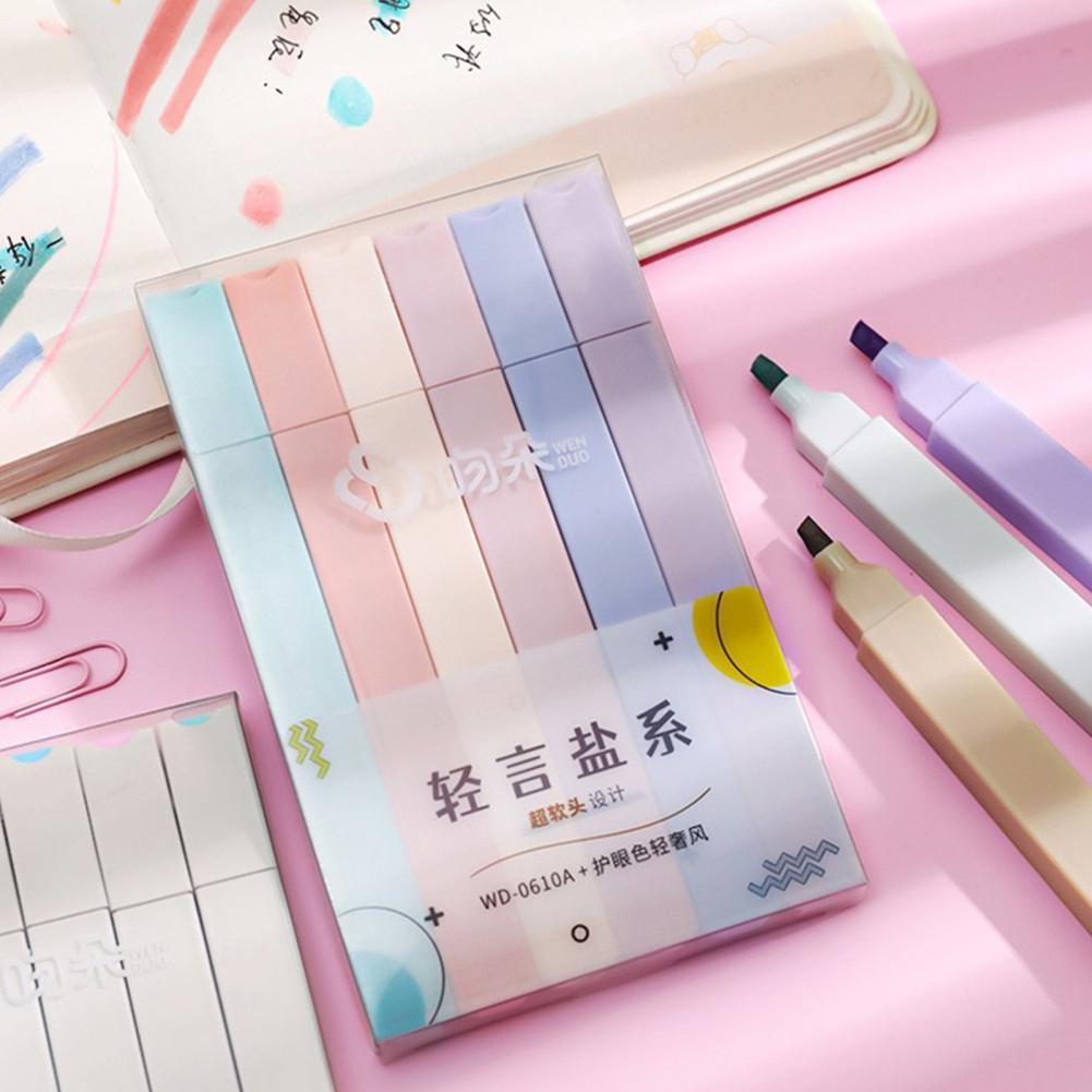 

Office Highlighter Pen Pastel Highlighters 6 Soft Nib Head Fluorescent Pens for Students Square Barrel Colored Marker Set