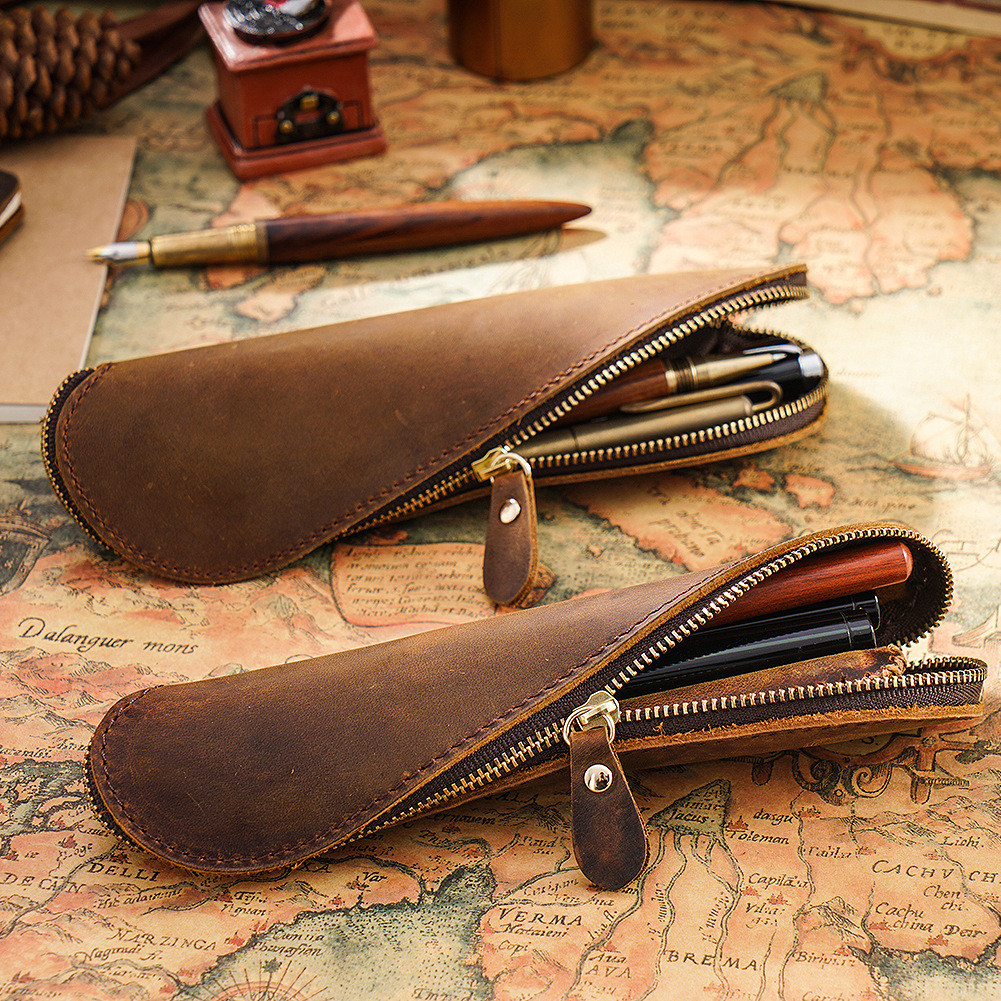 

Genuine Leather Pen Holder S-shaped Zipper Vintage Pencil Case Roll School Pencilcase Pen Sleeve Organizer 5-12 Pen Pouch Pocket