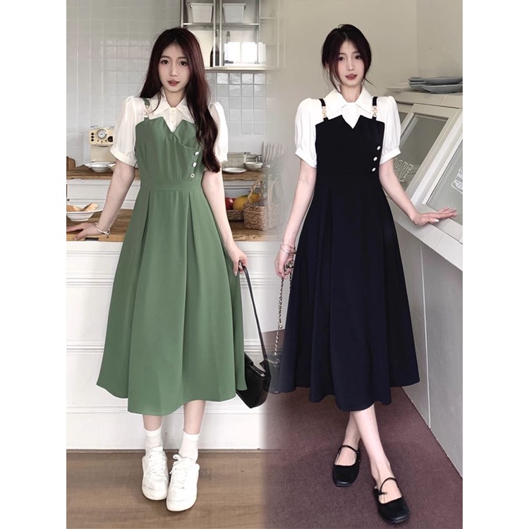Women's Dress French Style Fake Two Piece Dress Slim and Body Covering A-line Dress