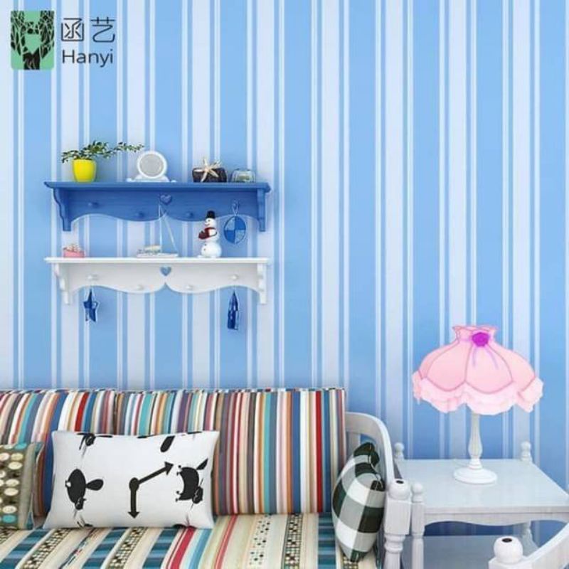 Wallpaper Dinding Sticker Dinding Garis Biru Minimalis Ruang Tamu Kamar Tidur Mewah Kekinian