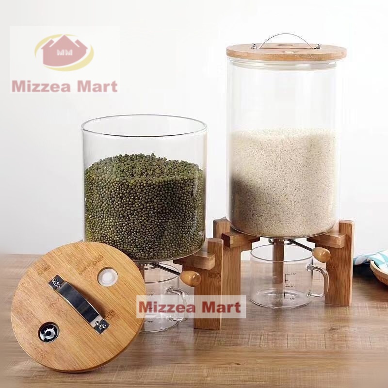 MizzeaMart Rice Dispenser Beras Kacang Sereal Tempat Penyimpanan Wadah Kayu Gelas Kaca Set