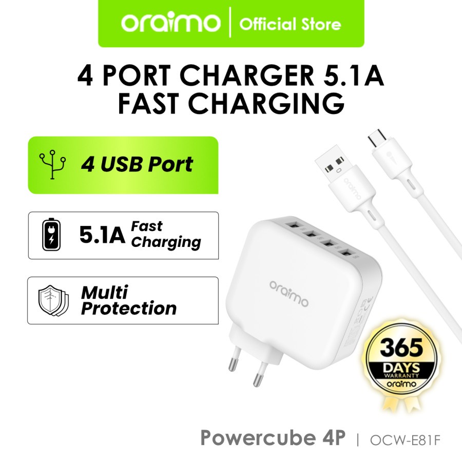 Oraimo Charger Handphone 4 Port USB 10.5W 2.1A Fast Charging OCW-E81F