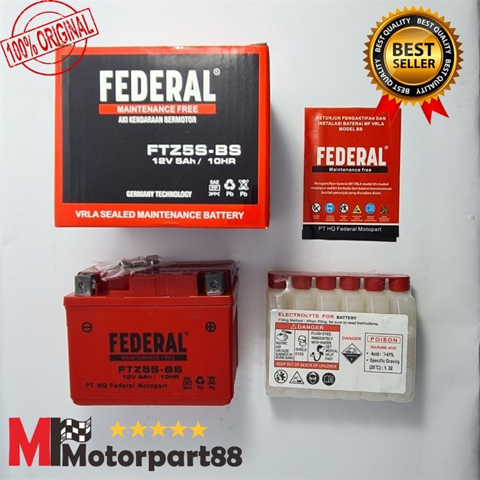 TR42WS Aki Kering Aki Motor GTZ 5S GTZ-5S 12V 5AH / 10HR FEDERAL