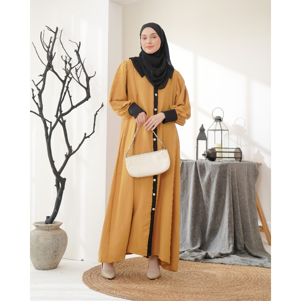 Medina Khaleesha Mustard - Gamis Wanita Muslim Polos Jumbo Terbaru Bahan Crinkle Warna Mustard Basic
