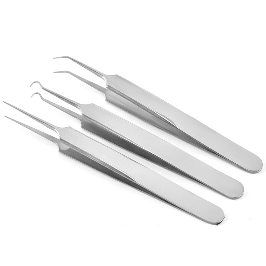 3Pcs Pinset Jepit Komedo Stainless Steel Pinset Bengkok Alat Penjepit Komedo / Lurus Pinset Klip