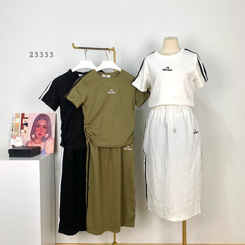 SETELAN QLLIT INGDO KAOS CROP PINGGANG KERUT KANAN KIRI MIX ROK SPAN SLIT BELAH BELAKANG PREMIUM WAN