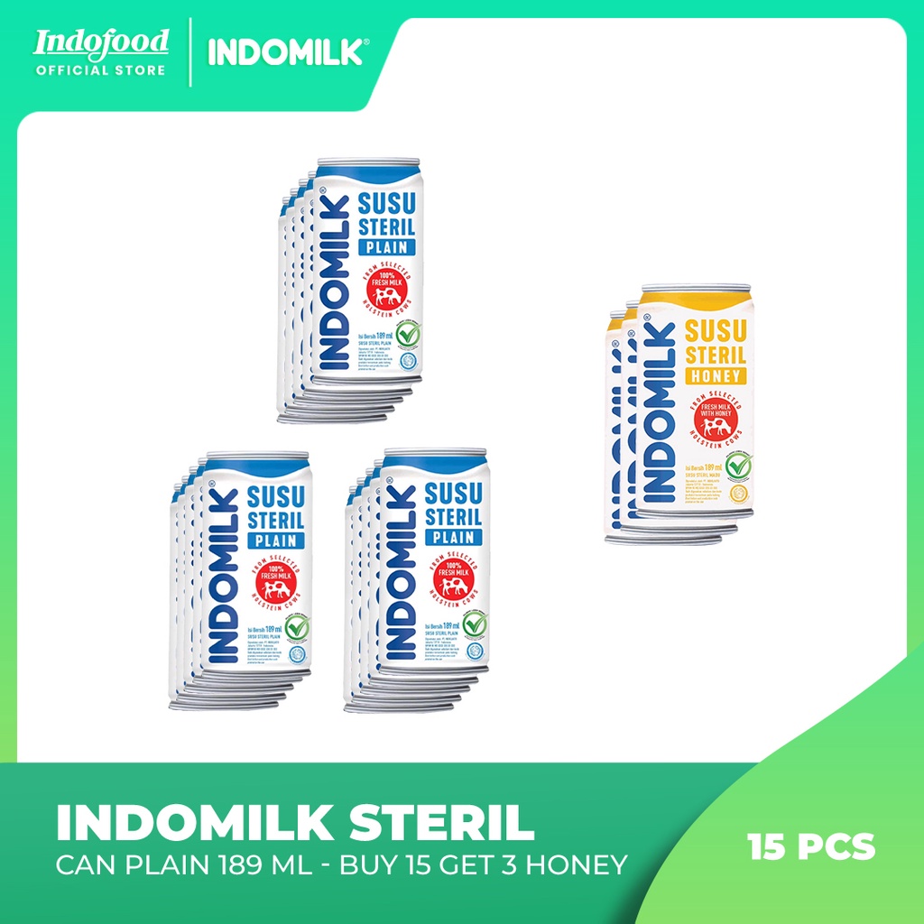 

Buy 15 Indomilk Steril Can Plain 189 ml Get 3 pcs Indomilk Steril Can Honey 189 ml