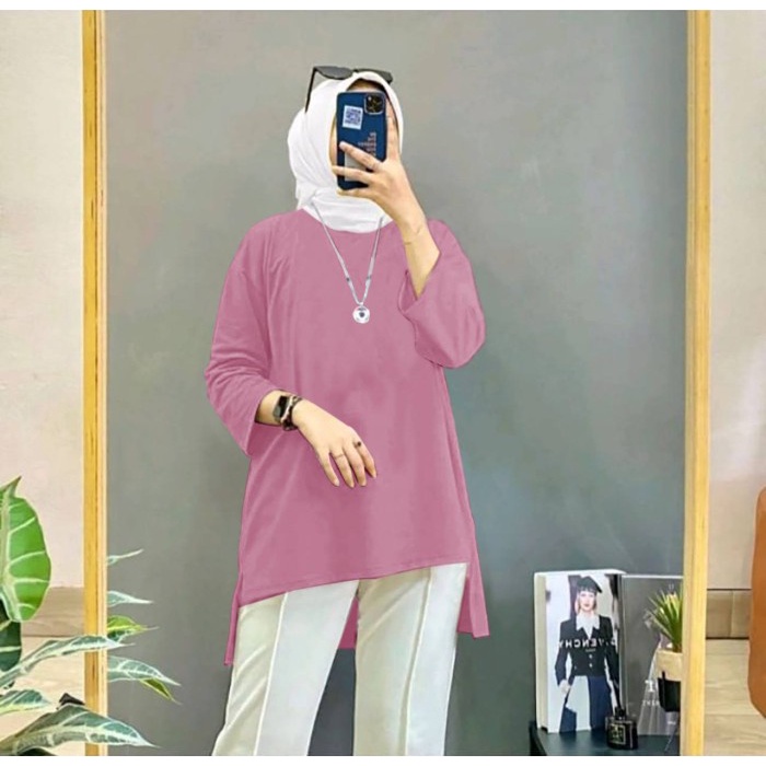 ORENBEE BAJU TUNIC MUSLIM WANITA DEWASA LENGAN 7/8 JUMBO OVERSIZE - Putih, FIT TO XXL