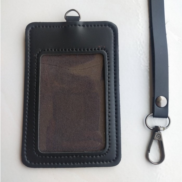 

[Terbaru]Ready Kulit Holder Lanyard Name Tag ID Card Kulit Muat 2 Slot Kartu Termurah - Hitam
