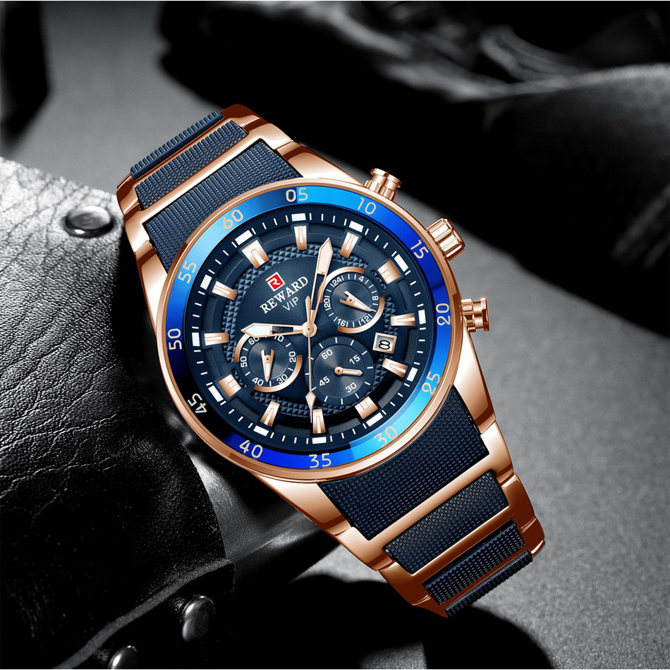 REWARD Brand Mens Watches Luxury Quartz Blue Watch Full Steel Men Chronograph Waterproof Business Wr