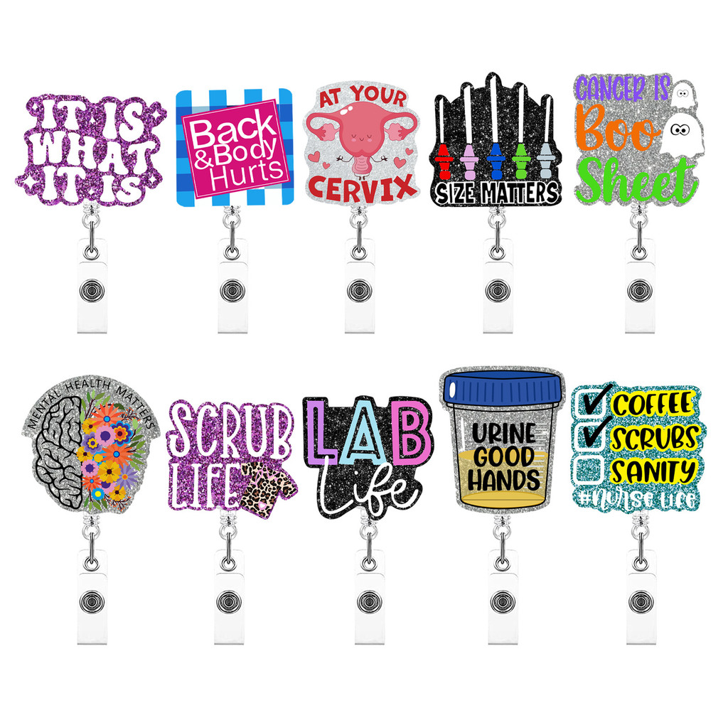 

New Design 1 Piece Glitter Acrylic Retractable Nurse Badge Reel Doctor Teacher Student Name ID Card Holder Keychains Lanyard
